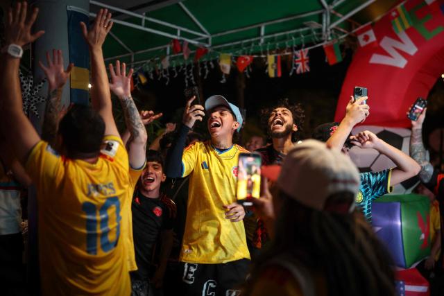 Colombian supporters celebrate at a sports bar in Miami, Florida, after the 2026 World Cup Group K football match between Uzbekistan and Colombia at Mexico City Stadium in Mexico City on June 17, 2026. (Photo by PATRICIA DE MELO MOREIRA / AFP)