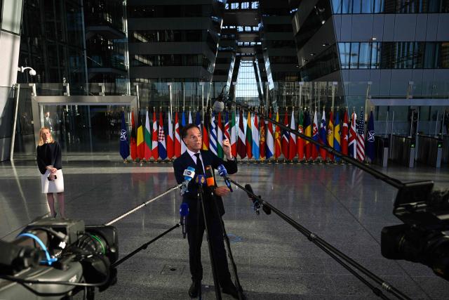 NATO Secretary General Mark Rutte makes a statement upon arriving to take part in a NATO Defence Ministers meeting at the NATO headquarters, in Brussels, on June 18, 2026. (Photo by JOHN THYS / AFP)