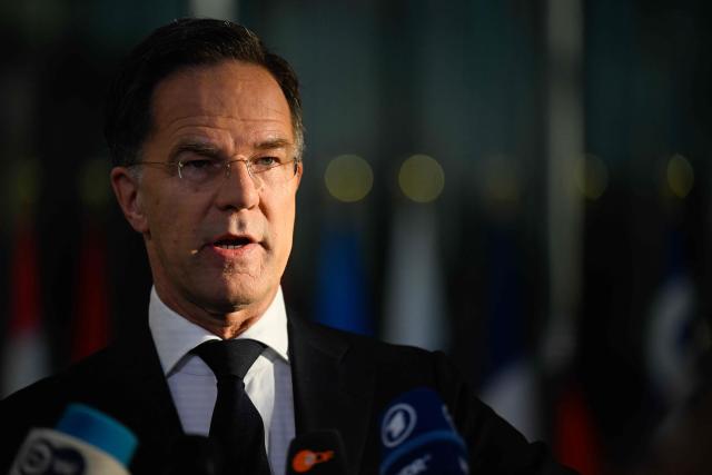 NATO Secretary General Mark Rutte makes a statement upon arriving to take part in a NATO Defence Ministers meeting at the NATO headquarters, in Brussels, on June 18, 2026. (Photo by JOHN THYS / AFP)