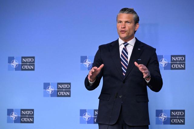 US Secretary of Defence Pete Hegseth delivers remarks before a NATO Defence Ministers meeting at the NATO headquarters, in Brussels, on June 18, 2026. (Photo by JOHN THYS / AFP)
