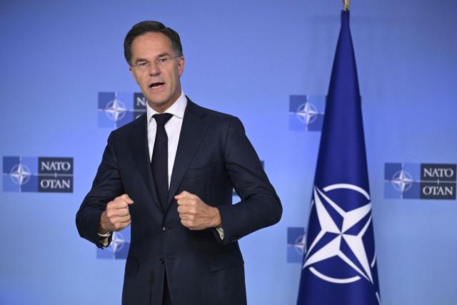 NATO Secretary General Mark Rutte delivers remarks before a NATO Defence Ministers meeting at the NATO headquarters, in Brussels, on June 18, 2026. (Photo by JOHN THYS / AFP)