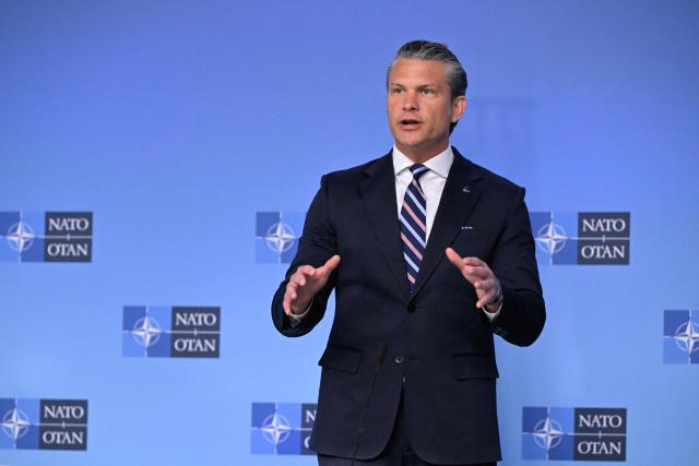 US Secretary of Defence Pete Hegseth delivers remarks before a NATO Defence Ministers meeting at the NATO headquarters, in Brussels, on June 18, 2026. (Photo by JOHN THYS / AFP)
