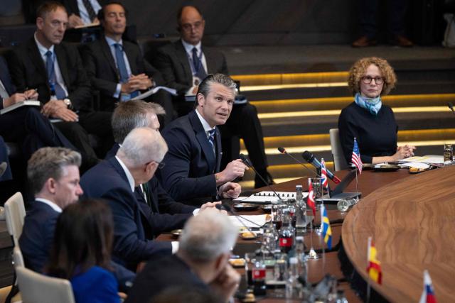 US Defense Secretary Pete Hegseth (C) speaks during a NATO Defence Ministers meeting at the NATO headquarters, in Brussels, on June 18, 2026. (Photo by JOHN THYS / AFP)
