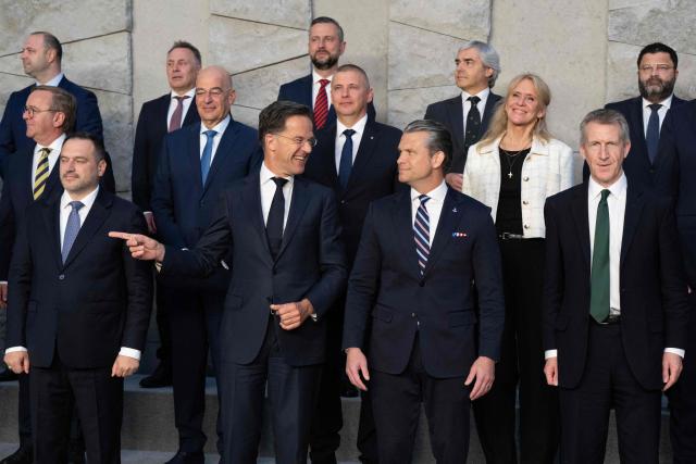 (From 2L) Germany's Defence Minister Boris Pistorius, Alabnia's Defence Minister ERmal Nufi, Norway's Defence Minister Tore Onshuus Sandvik, Greece's Defence Minister Nikolaos Dendias, NATO Secretary General Mark Rutte, Poland's Defence Minister W?adys?aw Kosiniak-Kamysz, Hungary's  Ministry of Defence Romulusz Ruszin-Szendi, US Defense Secretary Pete Hegseth, Portugal's Defence Minister Nuno Melo, Iceland's Foreign Minister Porgerour Katrin Gunnarsdottir, Britain's Defence Secretary Dan Jarvis and Italy's Defence Minister Guido Crosetto pose during a family photograph on the sidelines of a NATO Defence Ministers meeting at the NATO headquarters, in Brussels, on June 18, 2026. (Photo by JOHN THYS / AFP)