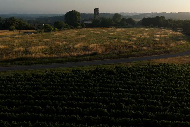 This aerial photograph shows a view of the vineyards and the abbey in La Sauve Majeure, south-western France, on June 18, 2026. A heatwave hit France on June 17, 2026 and last for several days, right in the middle of the baccalaureate exams, with temperatures that could reach up to 40°C in some areas on Sunday, the first day of summer. (Photo by ROMAIN PERROCHEAU / AFP)