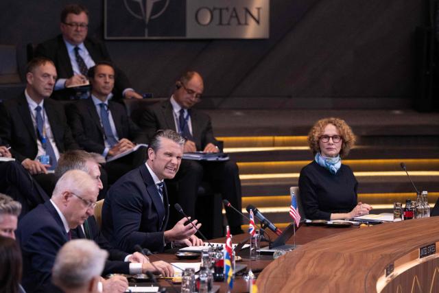 US Defense Secretary Pete Hegseth speaks during a NATO Defence Ministers meeting at the NATO headquarters, in Brussels, on June 18, 2026. (Photo by JOHN THYS / AFP)