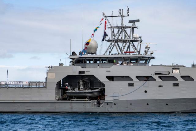 A photograph taken on June 18, 2026 shows the French Overseas Patrol Vessel Jean Tranape navigating off the coast of Noumea in the French overseas collectivity of New Caledonia. The Patrol Vessel Jean Tranape has joined the armed forces in New Caledonia at its new home port in Noumea. (Photo by Delphine MAYEUR / AFP)