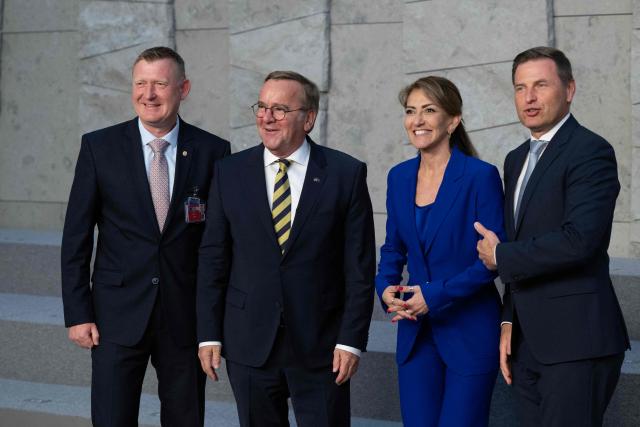 (From L) Latvia's Defence Minister Raivis Melnis, Germany's Defence Minister Boris Pistorius, Netherland's Defence Minister Dilan Yesilgoz and Estonia's Defence Minister Hanno Pevkur pose before a family photograph on the sidelines of a NATO Defence Ministers meeting at the NATO headquarters, in Brussels, on June 18, 2026. (Photo by JOHN THYS / AFP)