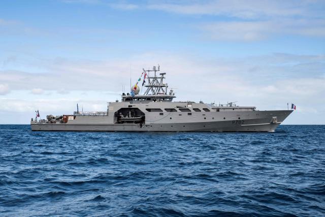 A photograph taken on June 18, 2026 shows the French Overseas Patrol Vessel Jean Tranape navigating off the coast of Noumea in the French overseas collectivity of New Caledonia. The Patrol Vessel Jean Tranape has joined the armed forces in New Caledonia at its new home port in Noumea. (Photo by Delphine MAYEUR / AFP)
