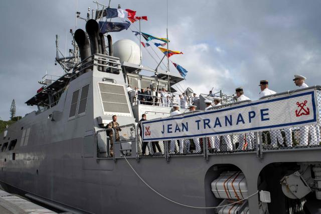 Naval officers stand aboard the French Overseas Patrol Vessel Jean Tranape docked at Noumea's port in the French overseas collectivity of New Caledonia, on June 18, 2026. The Patrol Vessel Jean Tranape has joined the armed forces in New Caledonia at its new home port in Noumea. (Photo by Delphine MAYEUR / AFP)