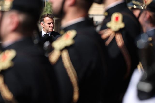 France's President Emmanuel Macron takes part in the commemorative ceremony for the 86th anniversary of the Appeal of 18 June, in Mont Valerien on June 18, 2026. (Photo by SIMON WOHLFAHRT / POOL / AFP)