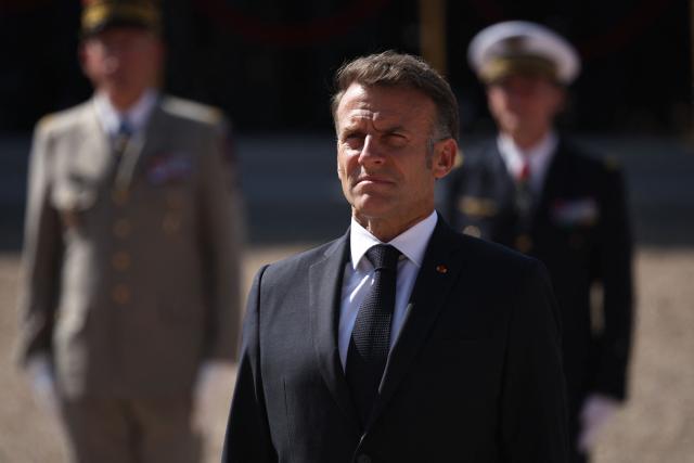 France's President Emmanuel Macron takes part in the commemorative ceremony for the 86th anniversary of the Appeal of 18 June, in Mont Valerien on June 18, 2026. (Photo by SIMON WOHLFAHRT / POOL / AFP)