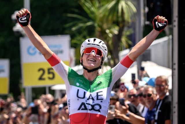 UAE Team ADQ Italian rider Elisa Longo Borghini celebrates after winning the second stage of the Women's Tour of Switzerland (Tour de Suisse) cycling race, 105.6 km from Locarno to Locarno on June 18, 2026. (Photo by Fabrice COFFRINI / AFP)