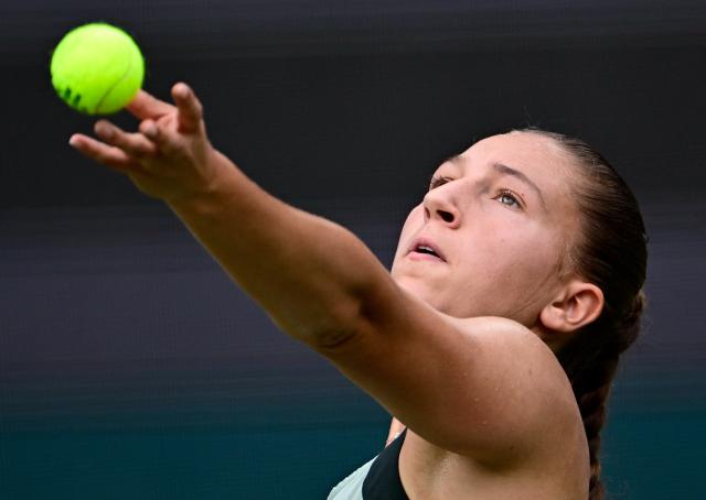 France's Diane Parry serves the ball to Czech Republic's Linda Noskova during the women's singles round of 16 tennis match at the WTA 500 Berlin Tennis Open tournament in Berlin on June 18, 2026. (Photo by Tobias SCHWARZ / AFP)