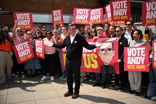 Labour party candidate Andy Burnham addresses supporters outside the Labour party campaign office in Ashton in Makerfield, northwest England, on June 18, 2026, as voters go to the polls to vote in the Makerfield by-election. Britain holds a unique vote on June 18 that could trigger the endgame for Labour leader Keir Starmer's beleaguered premiership, or win him a reprieve. (Photo by Oli SCARFF / AFP)