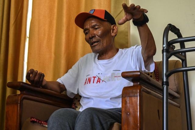 Everest survivor Dawa Sherpa speaks during an interview with AFP in Kathmandu on June 18, 2026. (Photo by Prakash MATHEMA / AFP)