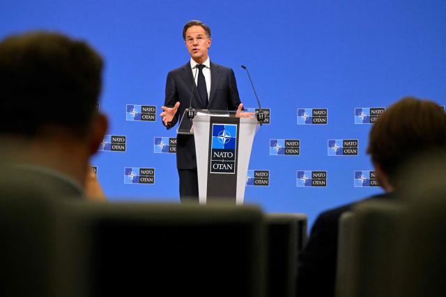 NATO Secretary General Mark Rutte holds a press conference on the sidelines of a NATO Defence Ministers meeting at the NATO headquarters, in Brussels, on June 18, 2026. (Photo by JOHN THYS / AFP)