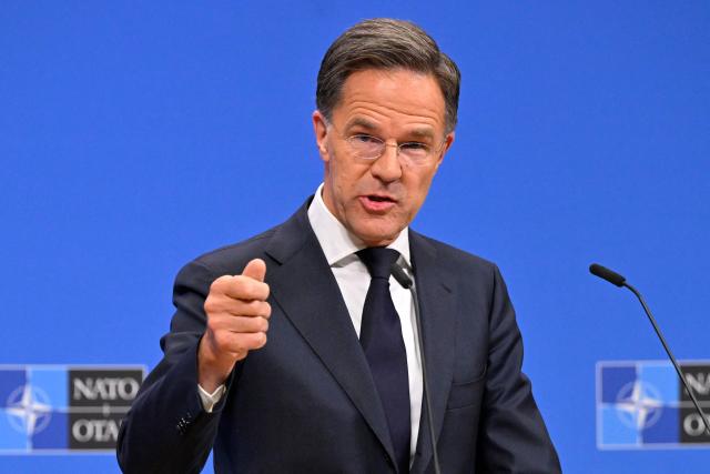 NATO Secretary General Mark Rutte holds a press conference on the sidelines of a NATO Defence Ministers meeting at the NATO headquarters, in Brussels, on June 18, 2026. (Photo by JOHN THYS / AFP)