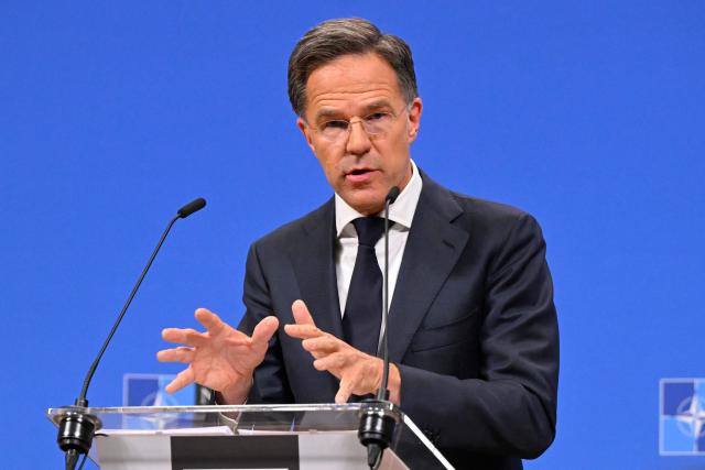 NATO Secretary General Mark Rutte holds a press conference on the sidelines of a NATO Defence Ministers meeting at the NATO headquarters, in Brussels, on June 18, 2026. (Photo by JOHN THYS / AFP)