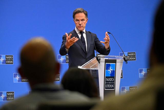 NATO Secretary General Mark Rutte holds a press conference on the sidelines of a NATO Defence Ministers meeting at the NATO headquarters, in Brussels, on June 18, 2026. (Photo by JOHN THYS / AFP)