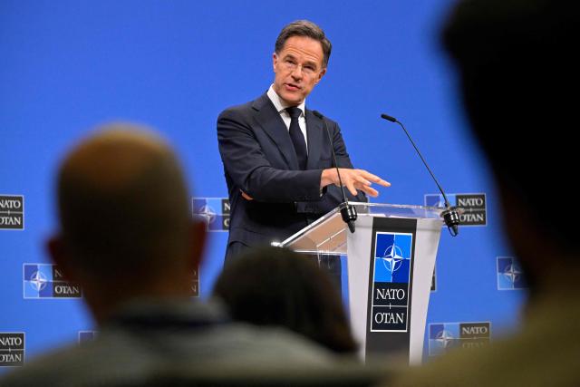 NATO Secretary General Mark Rutte holds a press conference on the sidelines of a NATO Defence Ministers meeting at the NATO headquarters, in Brussels, on June 18, 2026. (Photo by JOHN THYS / AFP)