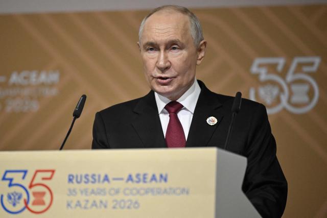 Russia's President Vladimir Putin speaks as he and Philippine President deliver press statements following the Russia-ASEAN summit, which commemorates 35 years of collaboration between Russia and the ASEAN countries, in the central Russian city of Kazan, around 700 kilometres (435 miles) east of the capital Moscow, on June 18, 2026. (Photo by Alexander NEMENOV / POOL / AFP)