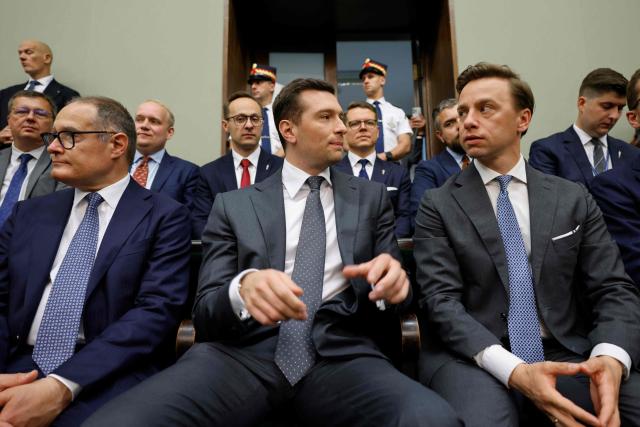 French far-right Rassemblement National (RN) party's President, member of the European Parliament and president of the Patriots for Europe (PfE) group Jordan Bardella (C) sits next to Poland's ultranationalist Confederation party (Konfederacja) president and Deputy Marshal of the Sejm of the Republic of Poland Krzysztof Bosak (R) and Rassemblement National (RN) party member and former head of the EU's border agency Frontex Fabrice Leggeri (L) at the Sejm, Poland's lower house of parliament, in Warsaw, Poland on June 18, 2026. Jordan Bardella is in Warsaw to meet with leaders of Polands far right, marking the latest stop on his overseas tour aimed at strengthening his European alliances just a few months before the French presidential election. (Photo by Wojtek RADWANSKI / AFP)