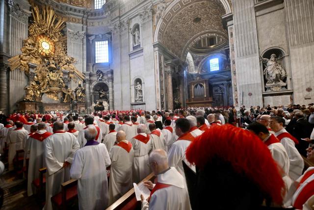 Pope Leo XIV attends the funeral of Italian cardinal Camillo Ruini at St Peter's basilica in The Vatican on June 18, 2026. (Photo by Filippo MONTEFORTE / AFP)