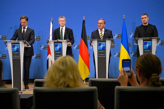 (From L)NATO Secretary General Mark Rutte, Britain's Defence Secretary Dan Jarvis, Germany's Defence Minister Boris Pistorius and Ukraine's Defence Minister Mykhailo Fedorov give a press conference after a meeting of the Ukraine Defence Contact Group during a NATO Defence Ministers meeting at the NATO headquarters, in Brussels, on June 18, 2026. (Photo by JOHN THYS / AFP)