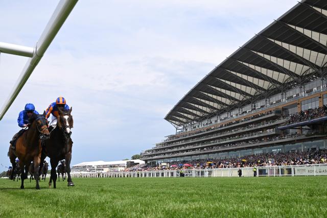 Jockey Ryan Moore on Scandinavia (R) and Norwegian-British jockey William Buick on Trawlerman (L) compete in the The Gold Cup race on the third day of the Royal Ascot horse racing meeting in Ascot, west of London, on June 18, 2026. Jockey Ryan Moore on Scandinavia won the race (Photo by JUSTIN TALLIS / AFP)