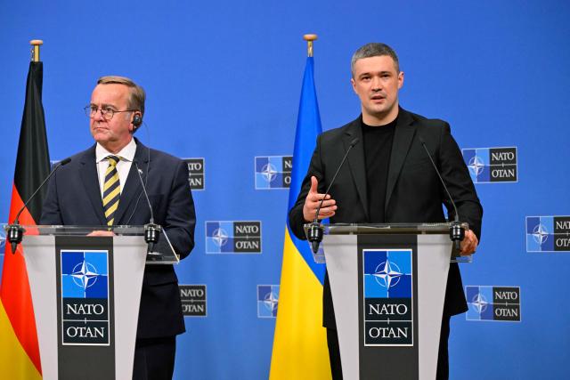 (From L) Germany's Defence Minister Boris Pistorius and Ukraine's Defence Minister Mykhailo Fedorov give a press conference after a meeting of the Ukraine Defence Contact Group during a NATO Defence Ministers meeting at the NATO headquarters, in Brussels, on June 18, 2026. (Photo by JOHN THYS / AFP)
