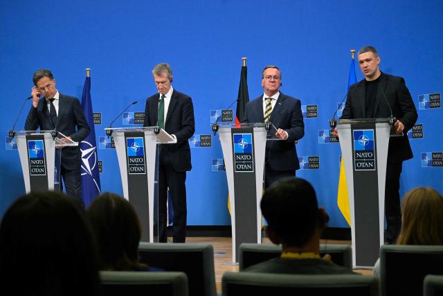 (From L)NATO Secretary General Mark Rutte, Britain's Defence Secretary Dan Jarvis, Germany's Defence Minister Boris Pistorius and Ukraine's Defence Minister Mykhailo Fedorov give a press conference after a meeting of the Ukraine Defence Contact Group during a NATO Defence Ministers meeting at the NATO headquarters, in Brussels, on June 18, 2026. (Photo by JOHN THYS / AFP)