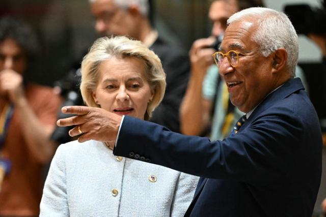 European Commission President Ursula von der Leyen and European Council President Antonio Costa arrives to attend a round table meeting during the EU Summit at the EU headquarters in Brussels, on June 18, 2026. (Photo by NICOLAS TUCAT / AFP)