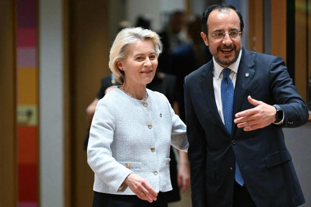 European Commission President Ursula von der Leyen and Cyprus' President Nikos Christodoulides attend a round table meeting during the EU Summit at the EU headquarters in Brussels, on June 18, 2026. (Photo by NICOLAS TUCAT / AFP)