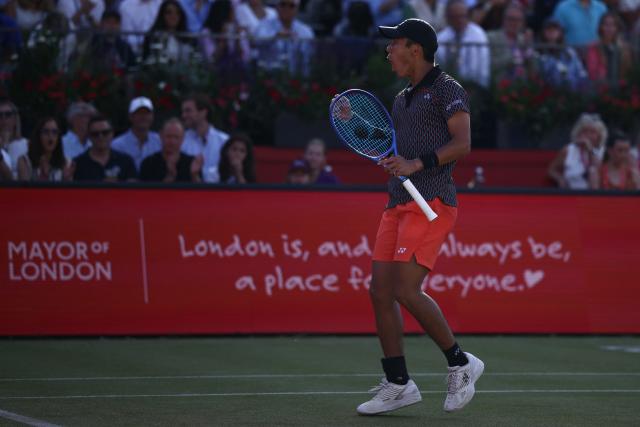 Australia's Rinky Hijikata celebrates winning the set against Czech Republic's Jiri Lehecka during their men's singles round of 16 tennis match on day three of the ATP HSBC Championships at Queen's Club in west London on June 18, 2026. (Photo by Henry NICHOLLS / AFP)