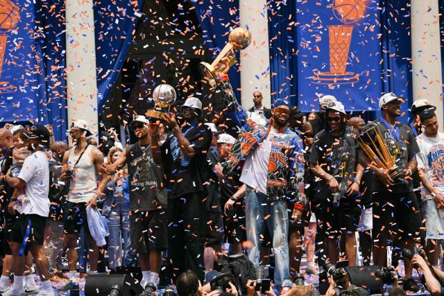 Members of the New York Knicks attend a championship celebration and Key to the City ceremony at City Hall Plaza after a ticker-tape parade honoring the team's NBA Finals victory in New York City on June 18, 2026. (Photo by ANGELA WEISS / AFP)
