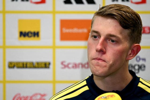 Sweden's midfielder #21 Alexander Bernhardsson gives a press conference at the FC Dallas Stadium in Dallas on June 18, 2026, during the 2026 World Cup football tournament. (Photo by Paul ELLIS / AFP)