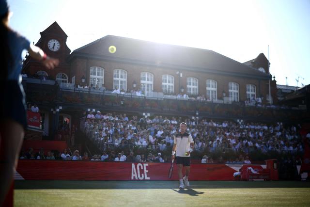 Czech Republic's Jiri Lehecka looks to a ball person whilst playing against Australia's Rinky Hijikata during their men's singles round of 16 tennis match on day three of the ATP HSBC Championships at Queen's Club in west London on June 18, 2026. (Photo by Henry NICHOLLS / AFP)