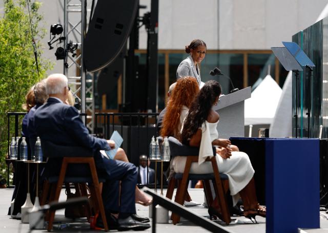 Former US First Lady Michelle Obama speaks at the opening of the Barack Obama Presidential Center in Chicago, Illinois, on June 18, 2026. (Photo by Kamil Krzaczynski / AFP)