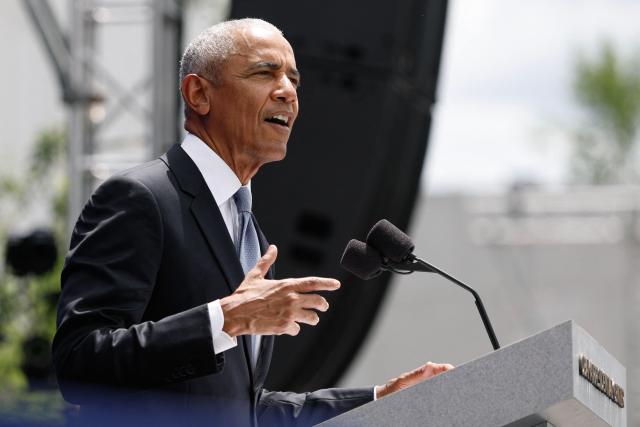 Former US president Barack Obama speaks during opening day of the Barack Obama Presidential Center in Chicago, Illinois, on June 18, 2026. (Photo by Kamil Krzaczynski / AFP)