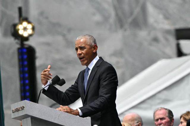 Former US president Barack Obama speaks at the opening of the Barack Obama Presidential Center in Chicago, Illinois, on June 18, 2026. (Photo by Pedro UGARTE / AFP)