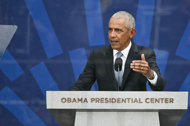 Former US president Barack Obama speaks during opening day of the Barack Obama Presidential Center in Chicago, Illinois, on June 18, 2026. (Photo by Kent NISHIMURA / AFP)