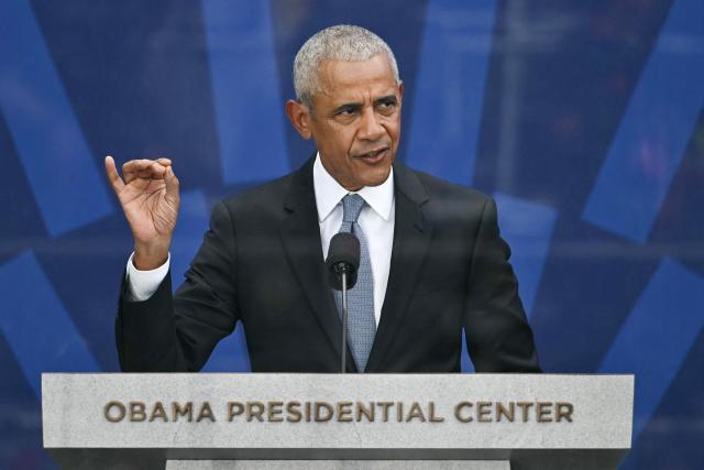 Former US president Barack Obama speaks during opening day of the Barack Obama Presidential Center in Chicago, Illinois, on June 18, 2026. (Photo by Kent NISHIMURA / AFP)