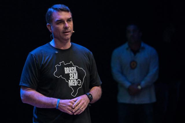 Brazilian Senator and presidential hopeful Flavio Bolsonaro presents a proposal to combat criminal organizations during an event in Sao Paulo, Brazil, on June 18, 2026. (Photo by Nelson ALMEIDA / AFP)