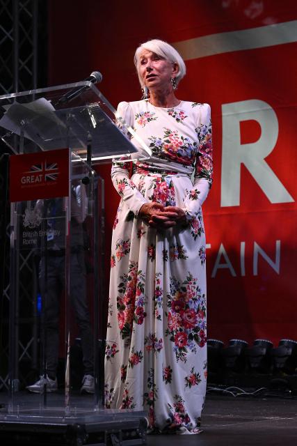 British actress Helen Mirren delivers a speech before receiving the first major joint UK-Italy award at the birthday celebrations of King Charles III, at Villa Wolkosky, Rome, on June 18, 2026. (Photo by Andreas SOLARO / AFP)