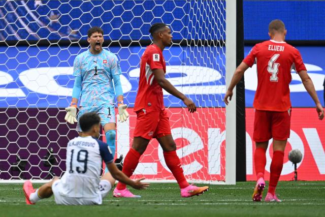 Switzerland's goalkeeper #01 Gregor Kobel reacts during the 2026 World Cup Group B football match between Switzerland and Bosnia and Herzegovina at Los Angeles Stadium in Inglewood on June 18, 2026.  (Photo by Patrick T. Fallon / AFP)