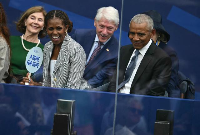 (L/R) Former US first ladies Laura Bush, Michelle Obama, and former presidents Bill Clinton and Barack Obama attend the opening of the Barack Obama Presidential Center in Chicago, Illinois, on June 18, 2026. (Photo by Kent NISHIMURA / AFP)