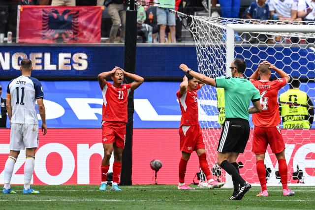 Switzerland's forward #11 Dan Ndoye reacts during the 2026 World Cup Group B football match between Switzerland and Bosnia and Herzegovina at Los Angeles Stadium in Inglewood on June 18, 2026.  (Photo by Patrick T. Fallon / AFP)