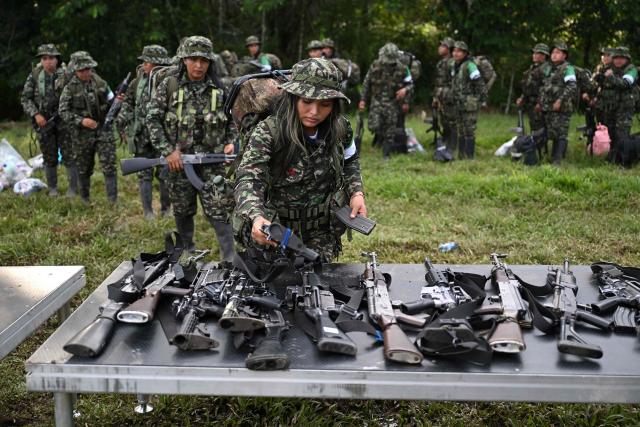 Members of the Coordinadora Nacional Ejercito Bolivariano (CNEB) guerrilla group lay down their weapons during a disarmament ceremony agreed with the Colombian government in the municipality of Valle del Guamuez, Putumayo department, Colombia on June 18, 2026. (Photo by Raul ARBOLEDA / AFP)