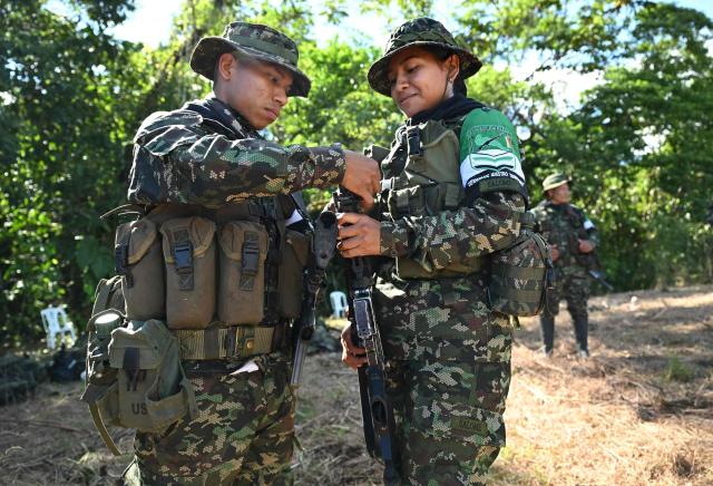 Members of the Coordinadora Nacional Ejercito Bolivariano (CNEB) guerrilla group take part in a disarmament ceremony agreed with the Colombian government in the municipality of Valle del Guamuez, Putumayo department, Colombia on June 18, 2026. (Photo by Raul ARBOLEDA / AFP)